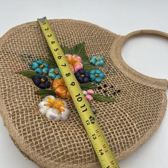 Handbag Tote Weaved Jute Floral Vase Design Wooden Handles Summer Beach Vacation - Picture 7 of 7